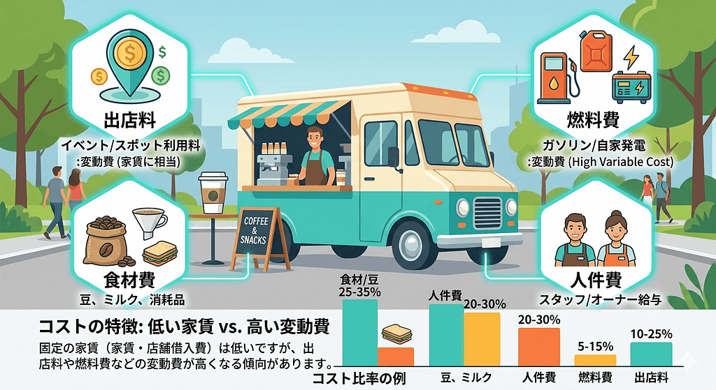 キッチンカーの運営コスト(出店料、燃料費、食材費、人件費)を示す図