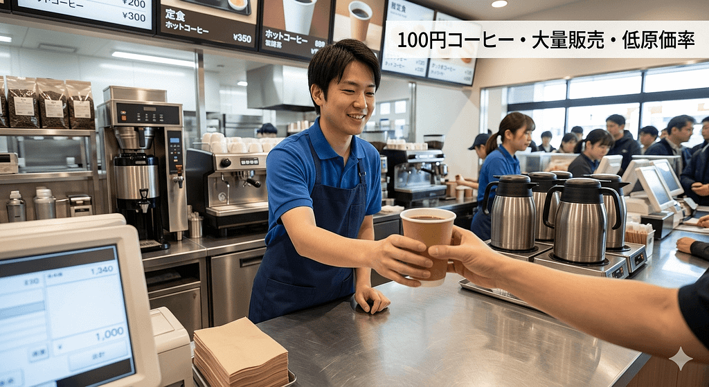 100円コーヒーの大量販売・低原価率をイメージした画像