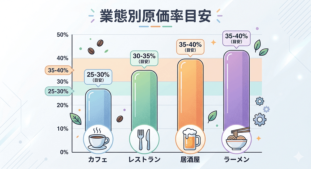 業態別の原価率目安(カフェ、レストラン、居酒屋、ラーメン)を示す棒グラフ