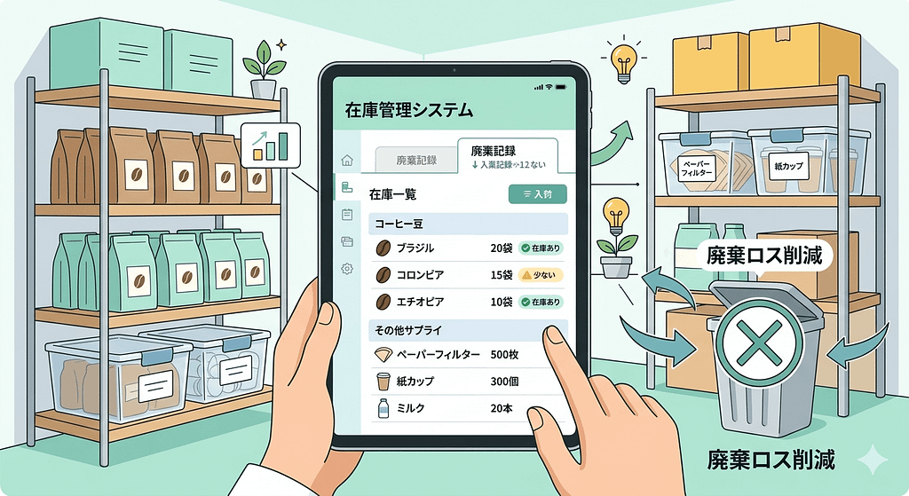 在庫管理システムと廃棄ロス削減のイラスト