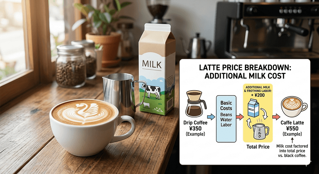 カフェラテの原価におけるミルク代の影響を示す画像
