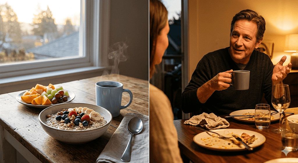 朝食と食後のシーンでのコーヒータイムの様子を比較する画像