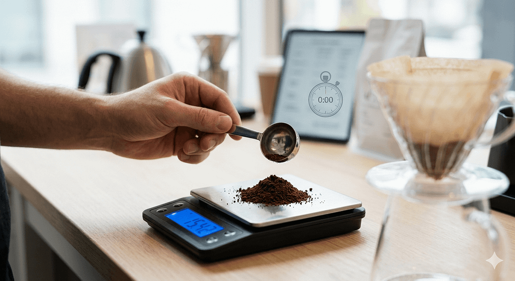 デジタルスケールで正確にコーヒー豆を量るバリスタの手元