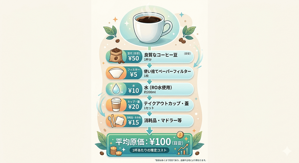 コーヒー一杯の平均原価とその内訳を示す図解