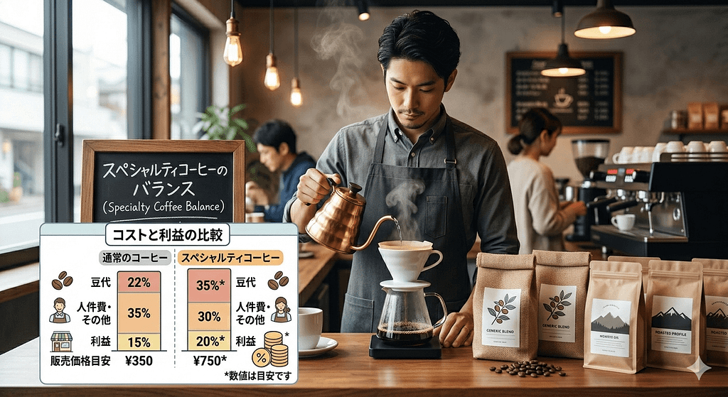 スペシャルティコーヒーの高品質豆の仕入れコストと利益のバランスを示す画像