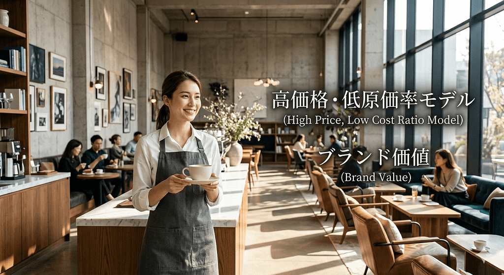 高価格・低原価率モデルのカフェをイメージした画像(ブランド価値)