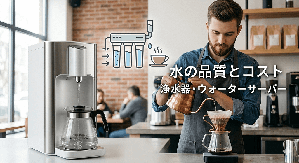 清潔なウォーターサーバーとドリップコーヒーの画像(水の品質とコスト)
