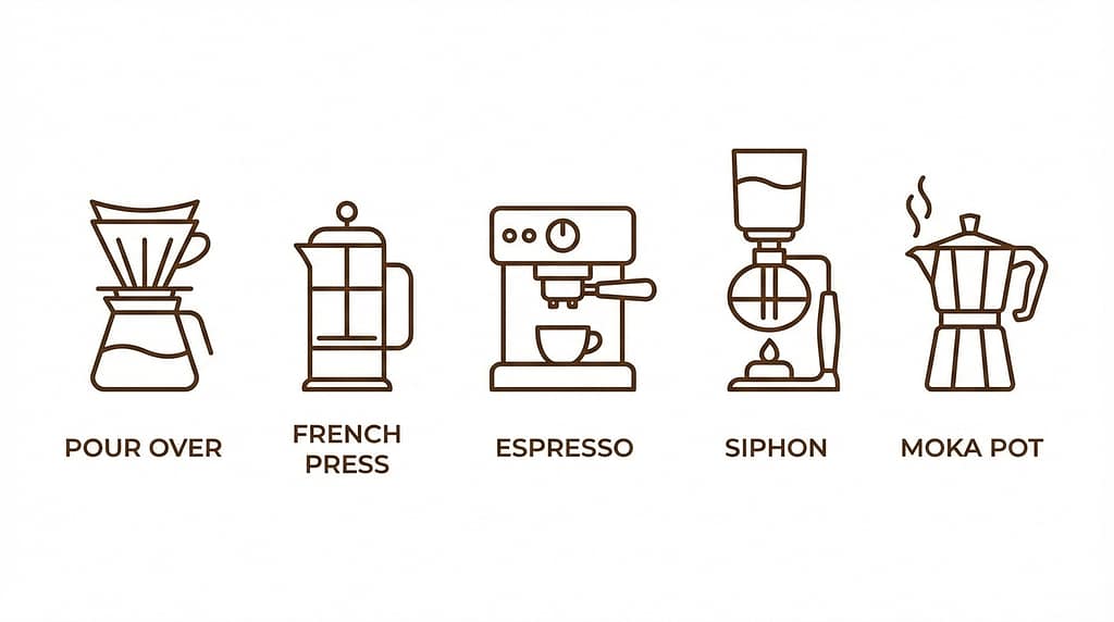 ペーパードリップ、フレンチプレス、サイフォン、エスプレッソマシン、マキネッタ（パーコレーター）などが並んだイラスト。