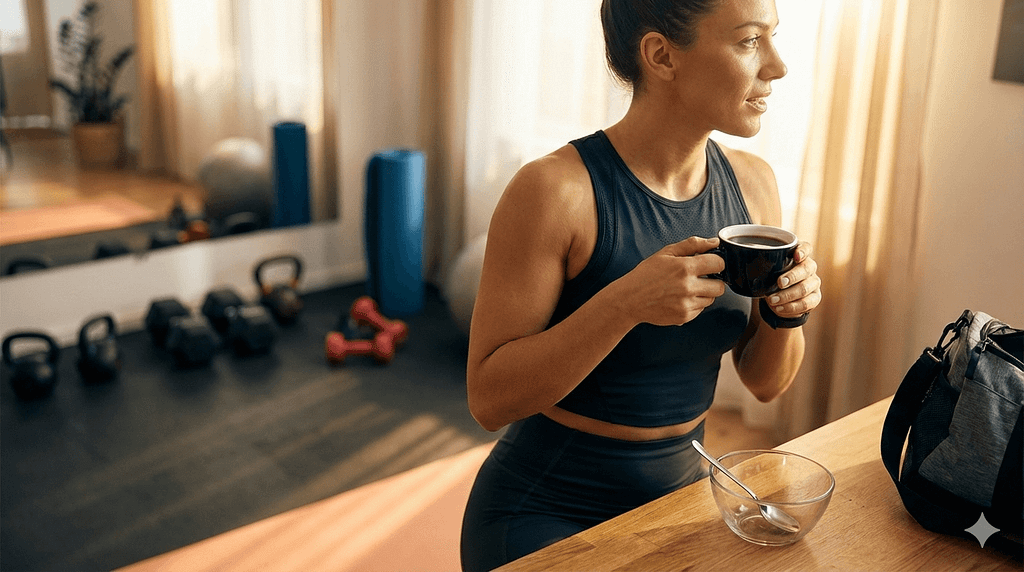 トレーニングウェアを着て運動前にコーヒーとヨーグルトを摂る健康的な女性