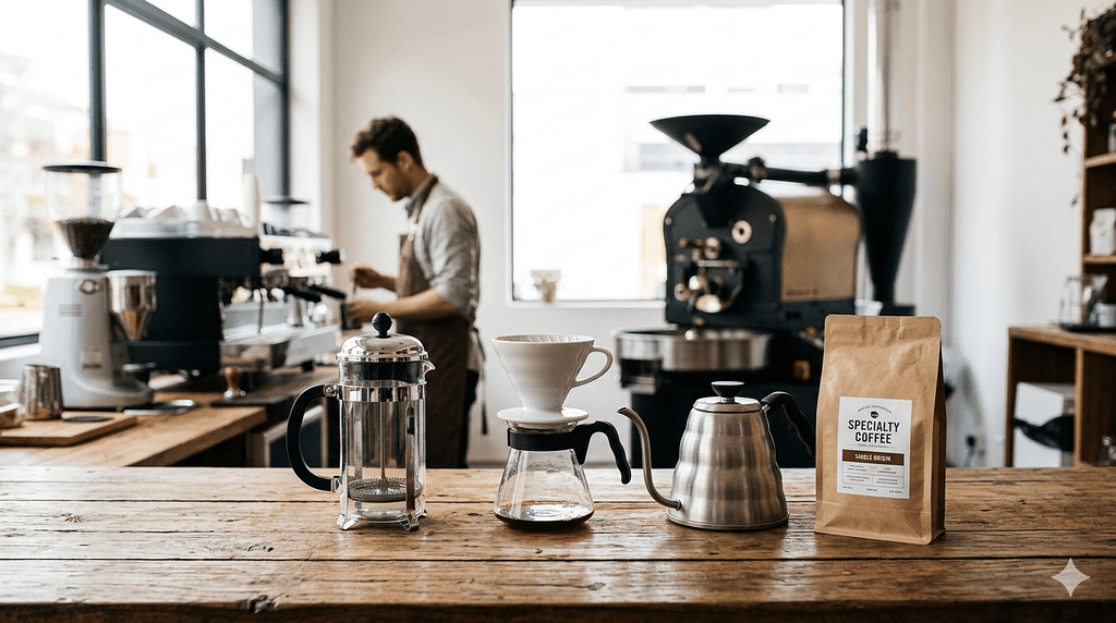 様々な器具とこだわりのコーヒー豆が並ぶ、質の高いコーヒーをイメージした画像
