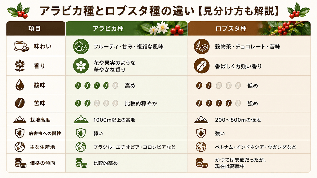 アラビカ種とロブスタ種の違い表