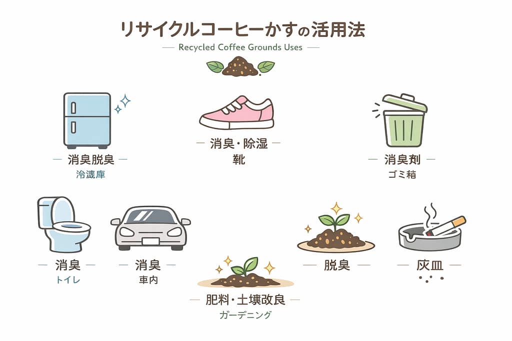 冷蔵庫、靴、トイレ、車、ゴミ箱などのアイコンを配置したインフォグラフィック風の画像。
