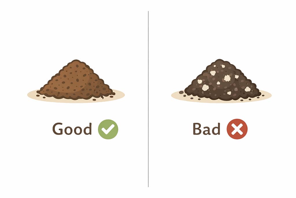 乾燥した良い状態（サラサラ）と、湿ってカビが生えた悪い状態（ベタベタ・白カビ）の対比イラスト。