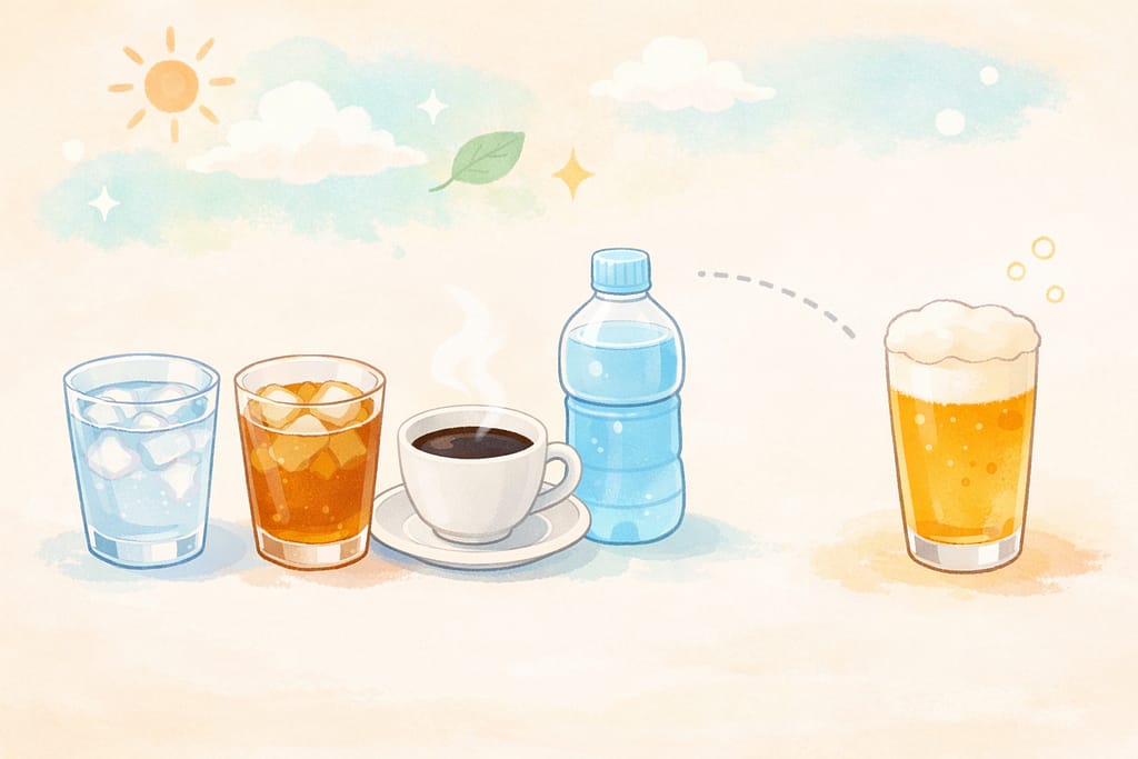 水、麦茶、コーヒー、スポーツドリンクが並び、アルコール(ビール)だけが少し離れた位置