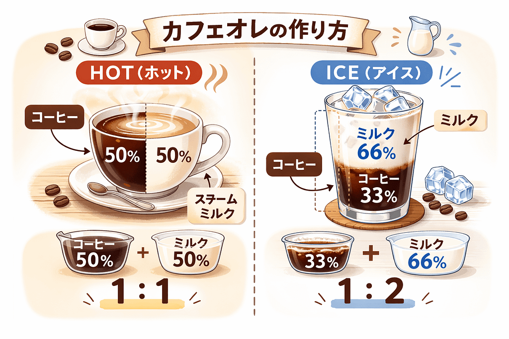 コーヒーと牛乳の黄金比率図解。ホットは1対1、アイスは1対2の割合目安。