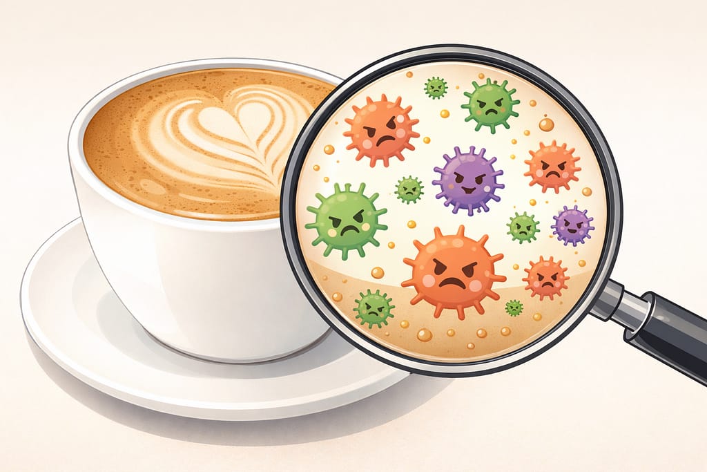 コーヒーカップの一部を虫眼鏡で拡大し、そこに抽象的な「菌」のイラストが描かれている図。