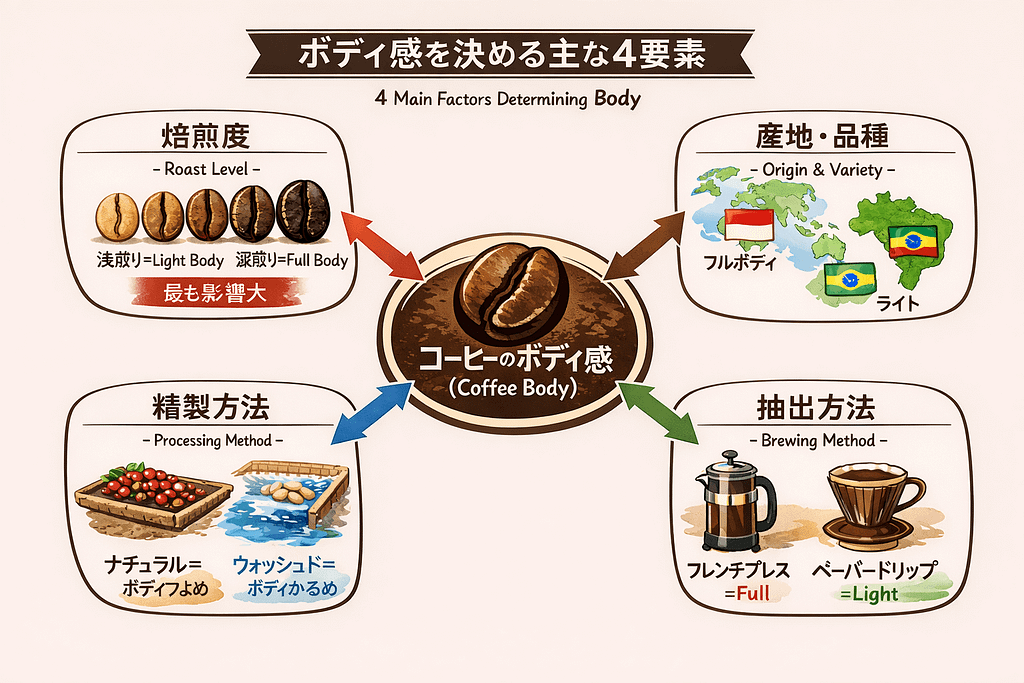 コーヒーのボディ感に影響を与える4つの要素（焙煎度、産地・品種、精製方法、抽出方法）との関係を示す相関図。