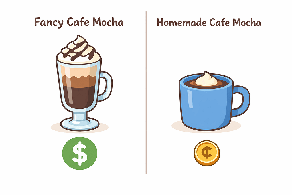 カフェチェーンと自宅で作るカフェモカのコストと手軽さの比較イラスト