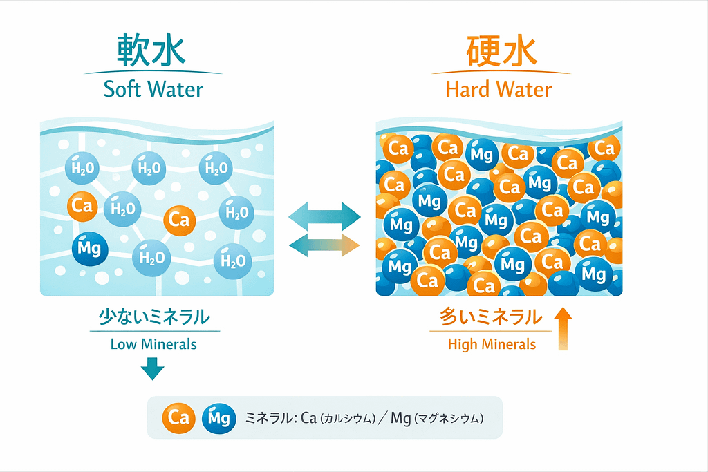 硬水と軟水のミネラル含有量の違いを説明した図解。軟水はミネラルが少なく、硬水は多い。