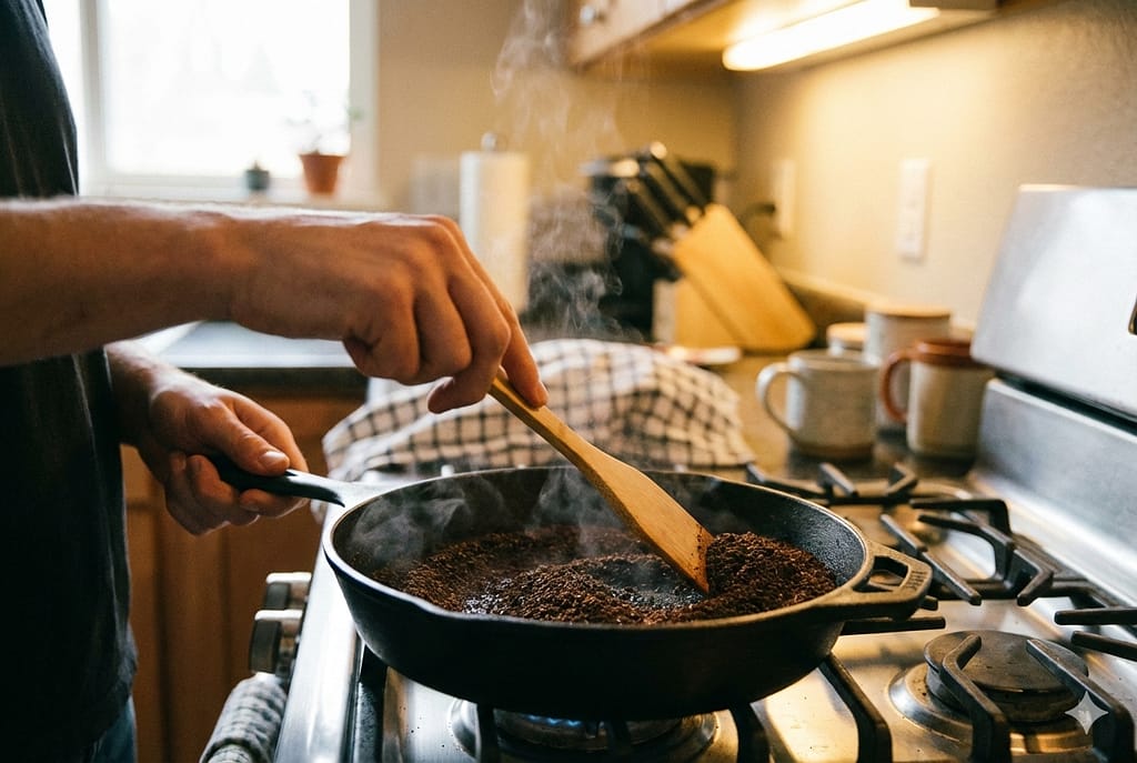 フライパンでコーヒーかすを炒っている様子。