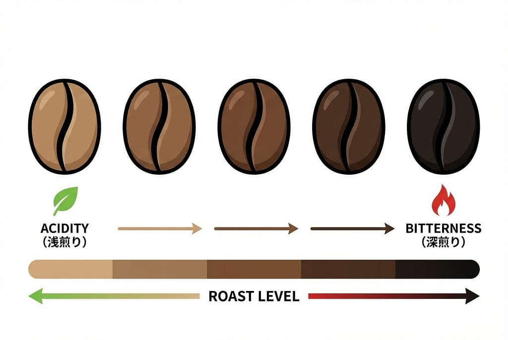 コーヒー豆が焙煎によって「浅煎り（薄茶・酸味）」から「深煎り（黒・苦味）」へ変化するグラデーションのイラスト。