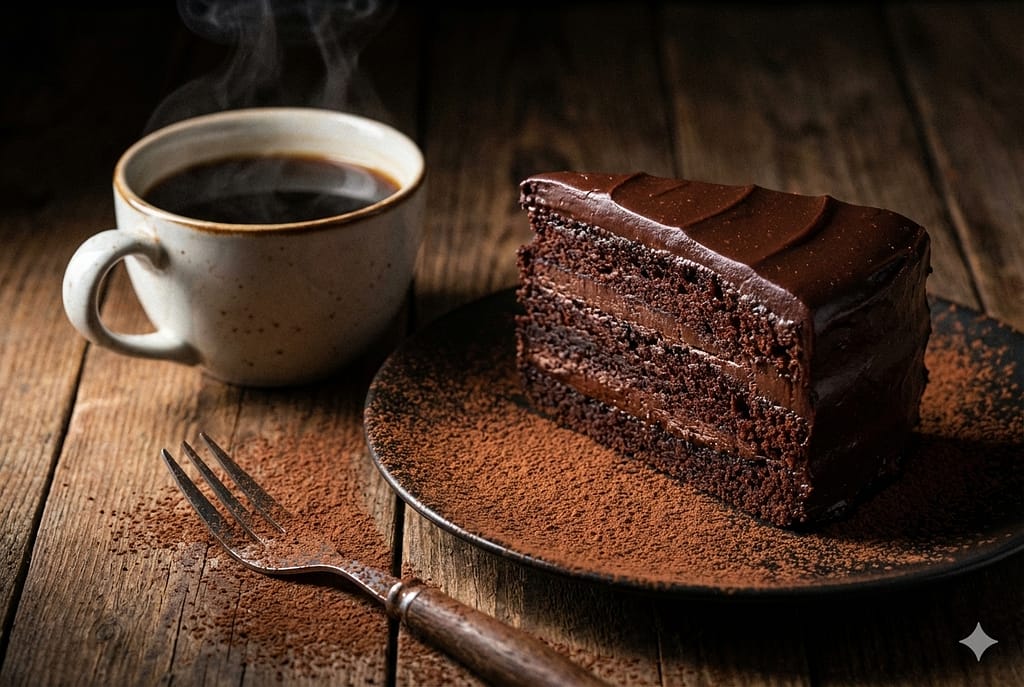 濃厚なチョコレートケーキ（ガトーショコラ）と、黒いコーヒーのセット。