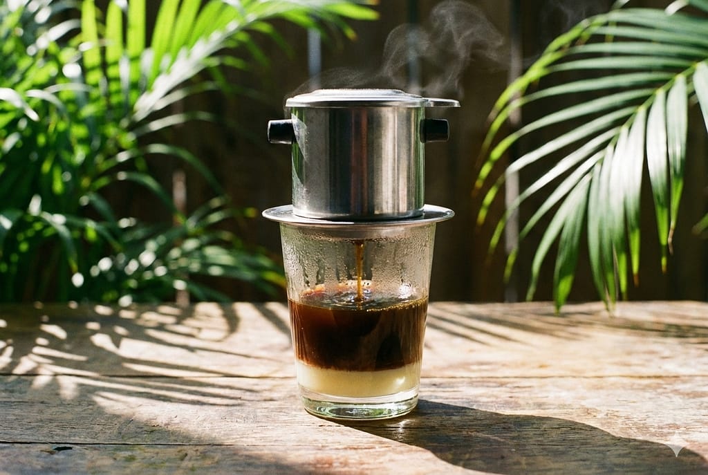 ベトナム式のコーヒーフィルター（カフェ・フィン）から、コンデンスミルクの入ったグラスにコーヒーが滴る様子。