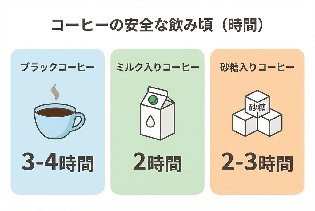 ブラック、ミルク入り、砂糖入りの3種類について、安全な時間（3時間、2時間など）をバーチャートやアイコンで示したインフォグラフィック。