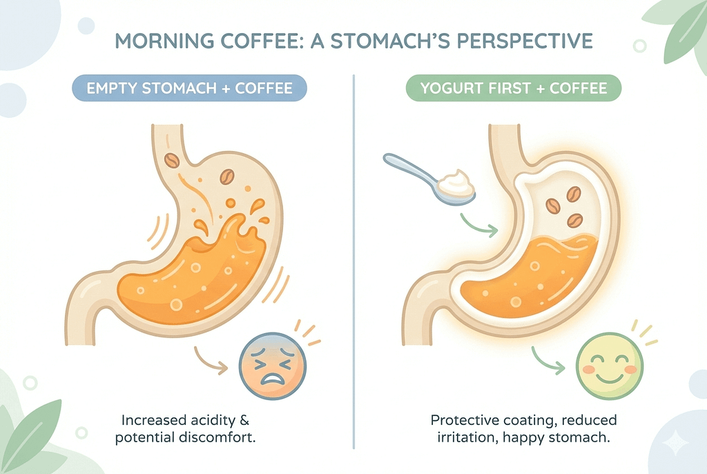 空腹時のコーヒー摂取による胃酸過剰分泌と胃荒れのメカニズム図解