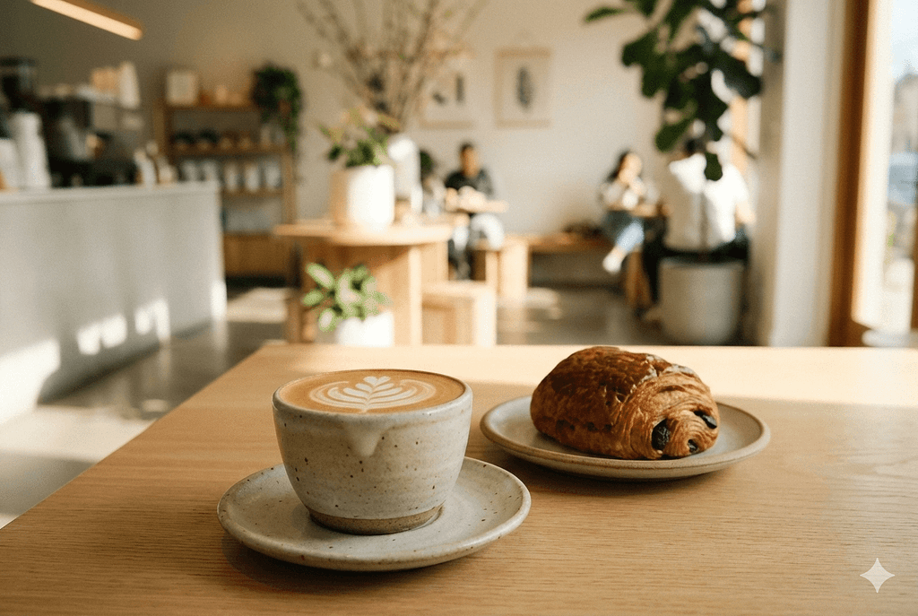 日本のカフェで提供されるフラットホワイトとチョコレートスイーツ