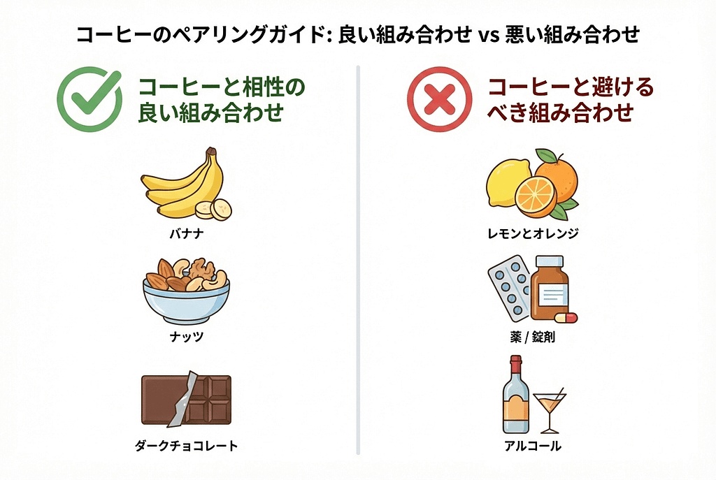 コーヒーとの食べ合わせが良い食品（バナナ・ナッツ）と悪い食品（柑橘類・薬）の比較リスト