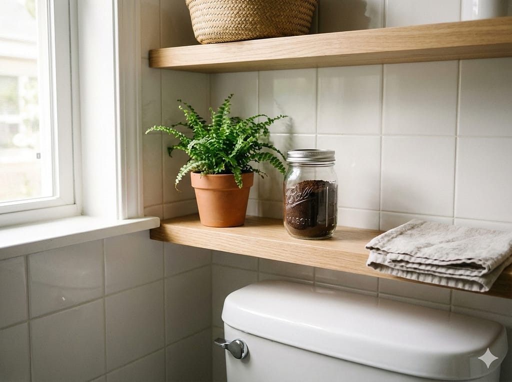 トイレや玄関の棚に、麻袋や可愛い小瓶に入ったコーヒー消臭剤が置かれている様子。