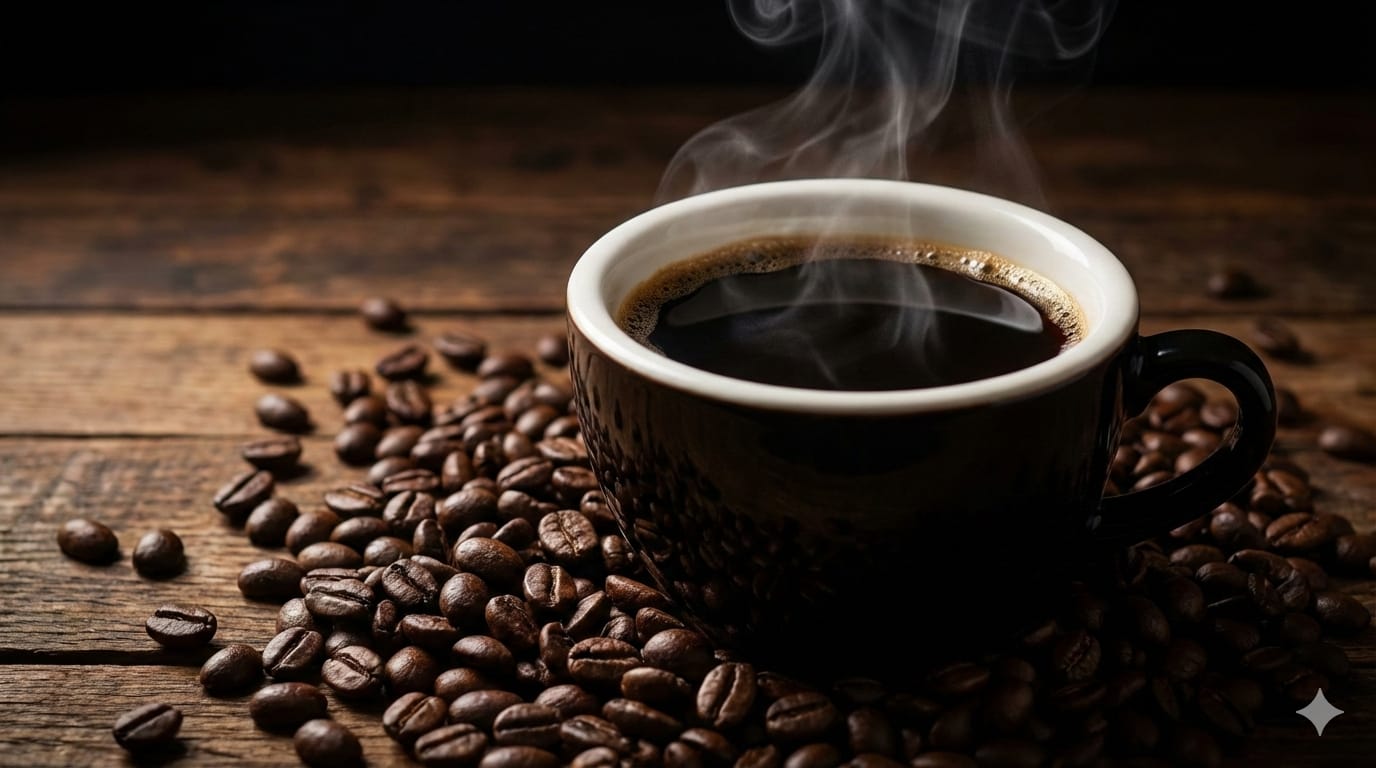 湯気が立つ濃厚で真っ黒なコーヒーと、艶のある深煎りのコーヒー豆。背景は落ち着いたダークトーンで高級感を出す。