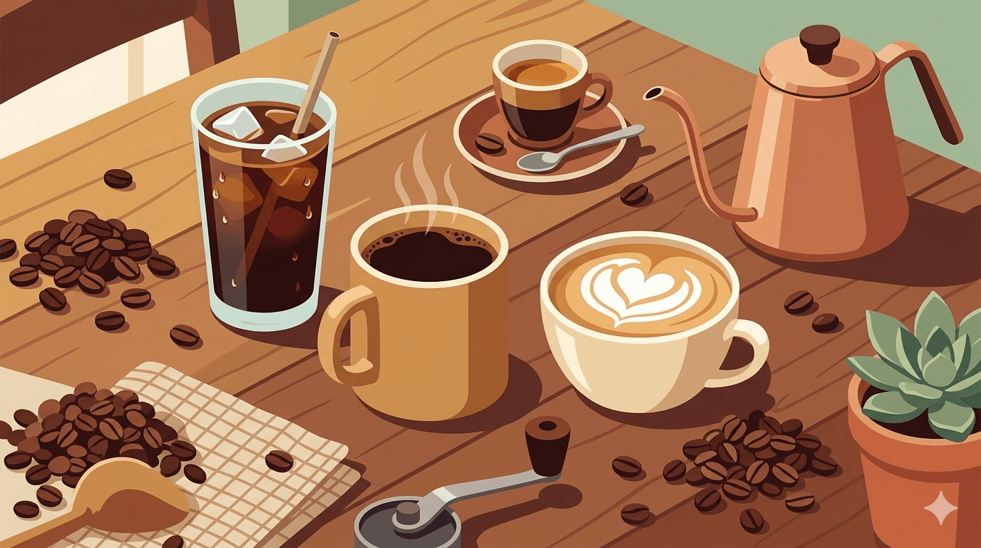 コーヒーの種類と名前一覧の完全ガイド（ドリップ、アイス、エスプレッソ、ラテのイラスト）