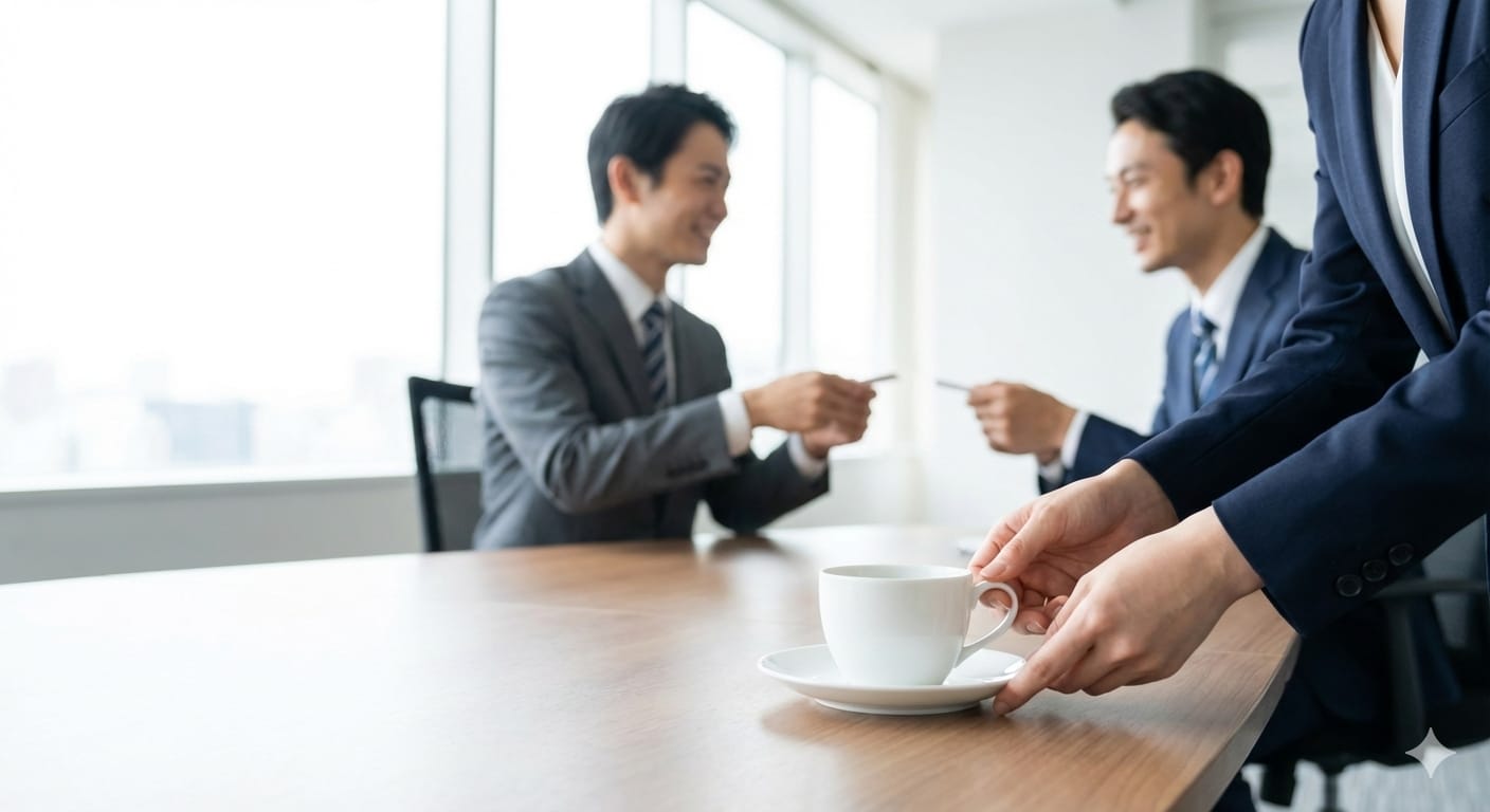 カップの持ち手を「右側」に向けることで、記事内の正解マナー を視覚的に表現しています。