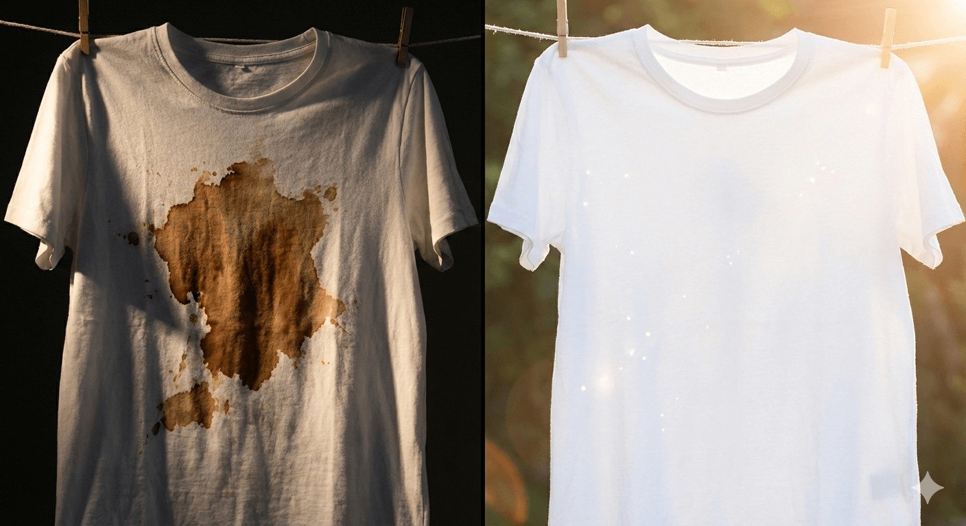 コーヒーのシミ抜きビフォーアフター 白いシャツの汚れが完全に落ちた様子