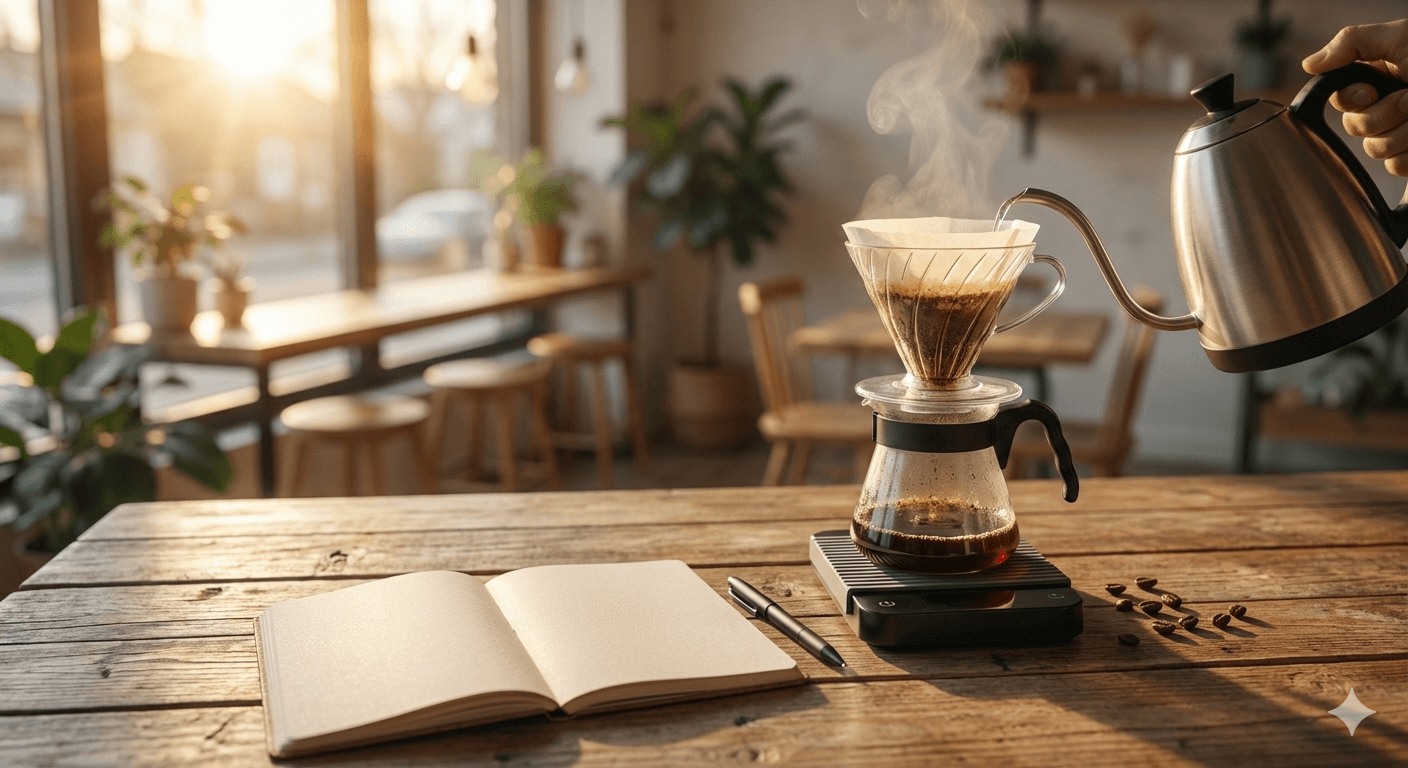 コーヒー46メソッドの基本概念図（前半40%で甘味と酸味、後半60%で濃さを決める）