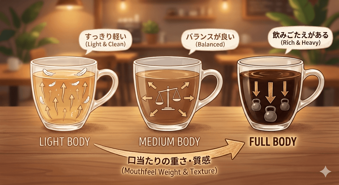 コーヒーのボディ（フルボディ・ミディアムボディ・ライトボディ）の違いを示す概念図解。口当たりの重さと質感の比較。