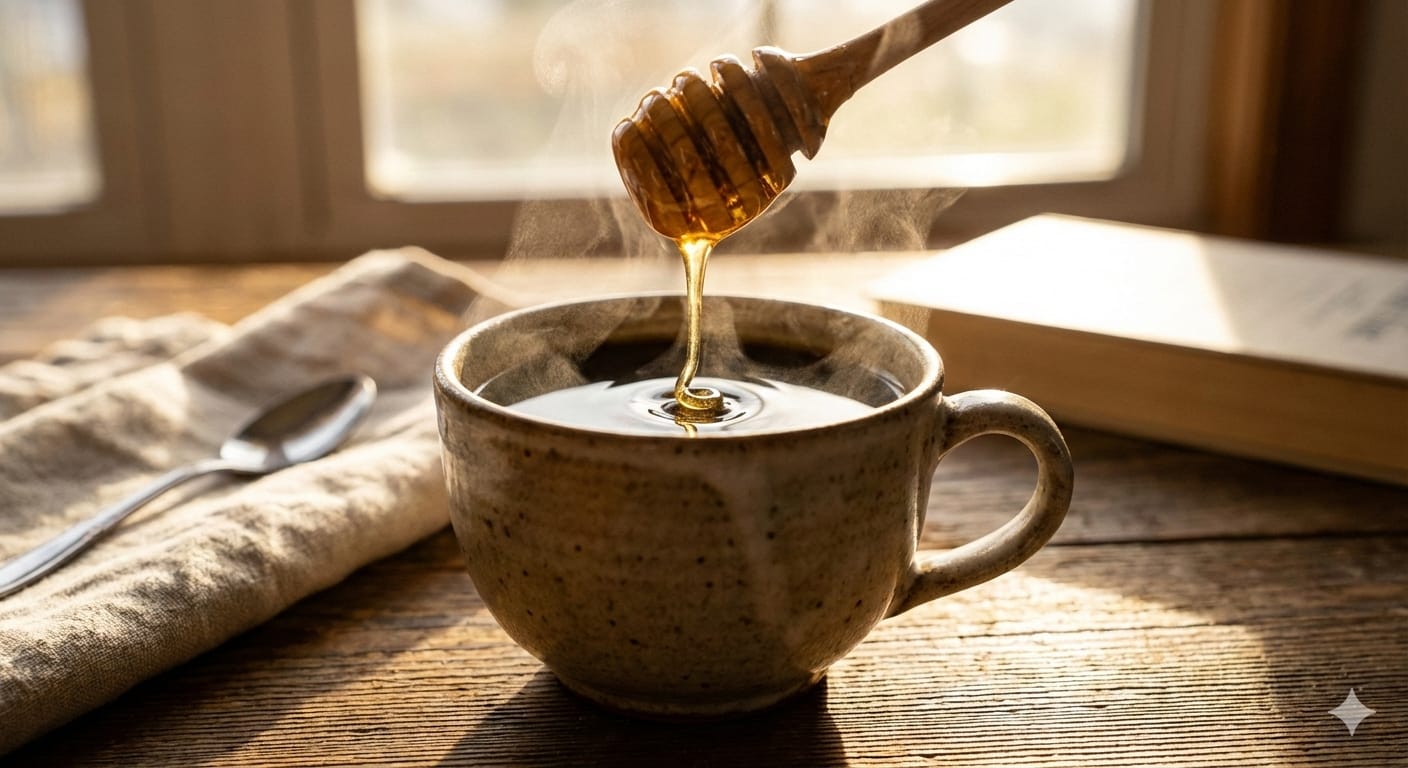 湯気が立つコーヒーにとろりとはちみつを垂らしている写真