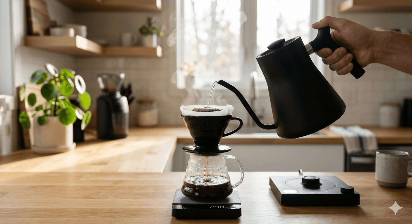 おしゃれなキッチンで細口のコーヒー用電気ケトルを使ってドリップコーヒーを淹れる様子