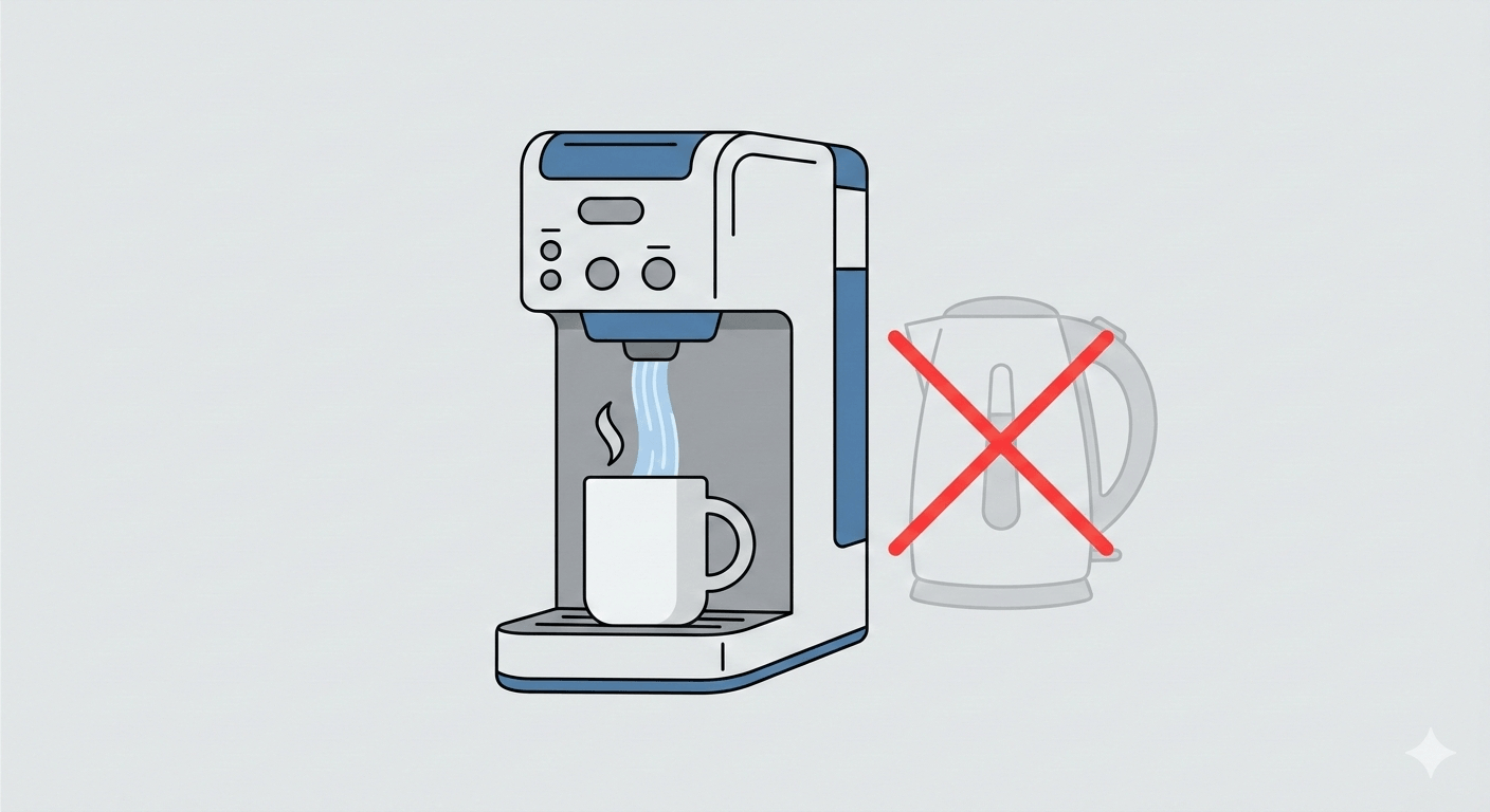 コーヒーメーカーでお湯だけを出している様子と、不要になって片付けられる電気ケトルのイラスト