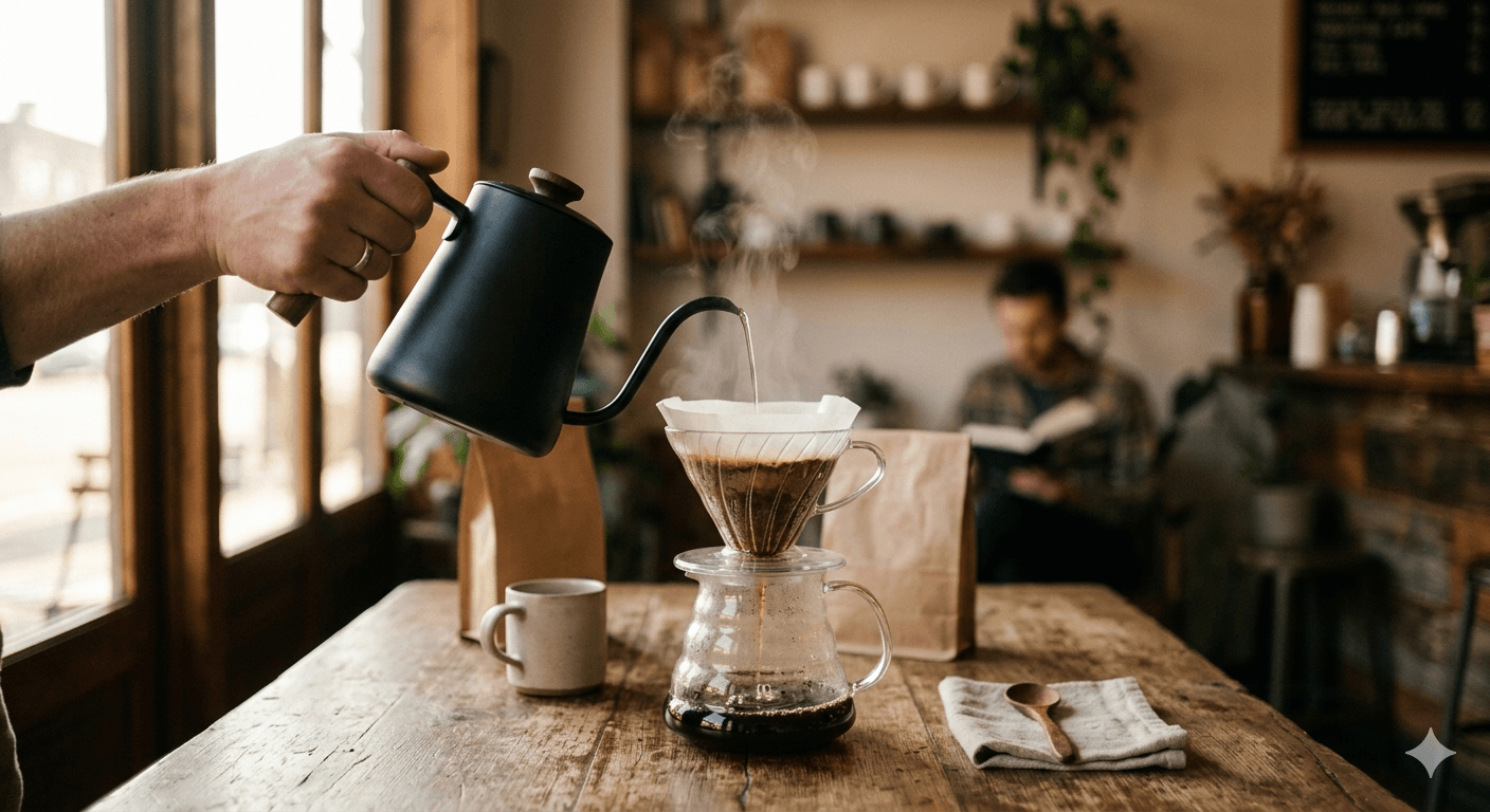 美味しいコーヒーをハンドドリップで淹れる様子とペーパーフィルター