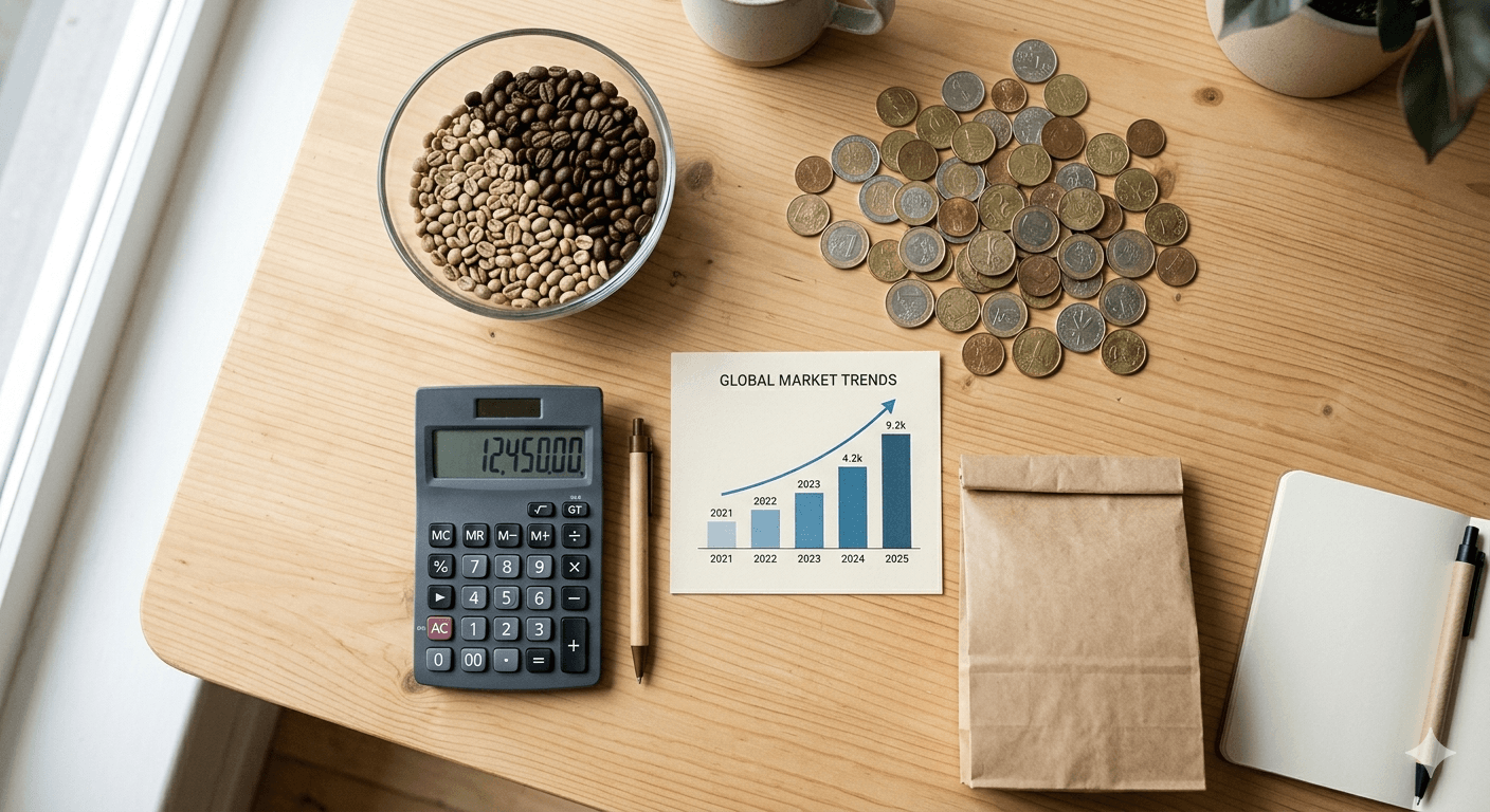 コーヒー豆、コイン、電卓、グラフが並んだアイキャッチ画像