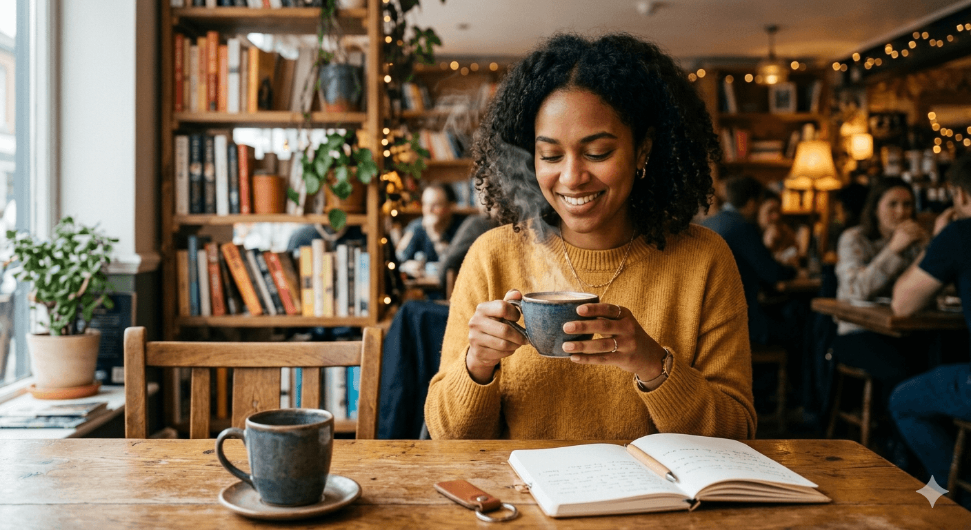 コーヒーを飲みながらリラックスする人物と、その理由を象徴するアイテム