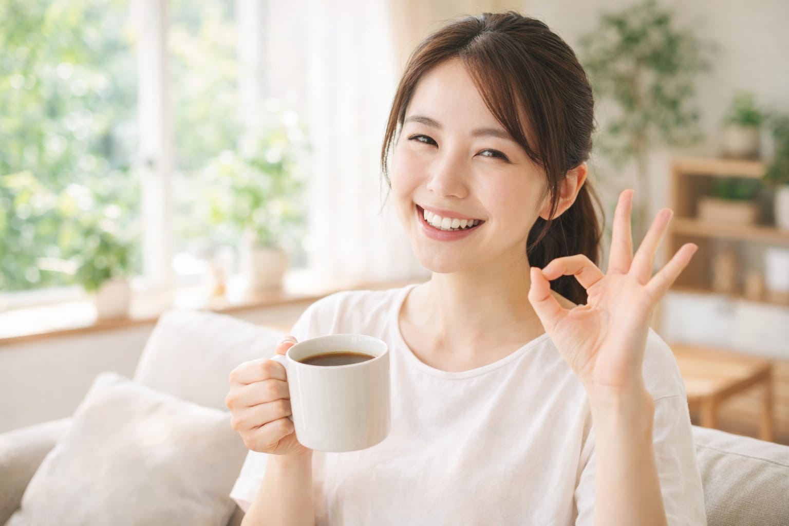明るく健康的な雰囲気のシーン。リラックスした笑顔の女性が、片手にマグカップに入ったコーヒーを持ち、もう片方の手で「OK」サインを出している