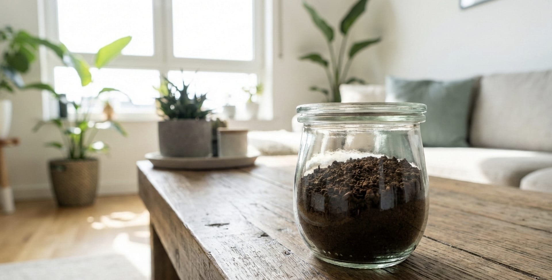 コーヒーかすと、清潔な住空間（キッチンやリビング）を想起させる明るい画像。