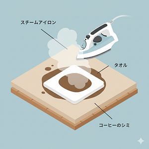 カーペットにタオルを置き、その上からスチームアイロンをかけているイラストまたは写真。