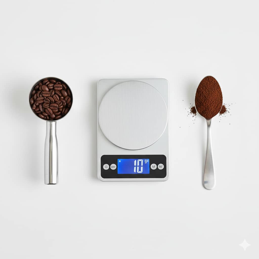 天秤（バランススケール）のイラスト。片方にコーヒー豆10g、もう片方にお湯150mlが乗っており、釣り合っている様子。