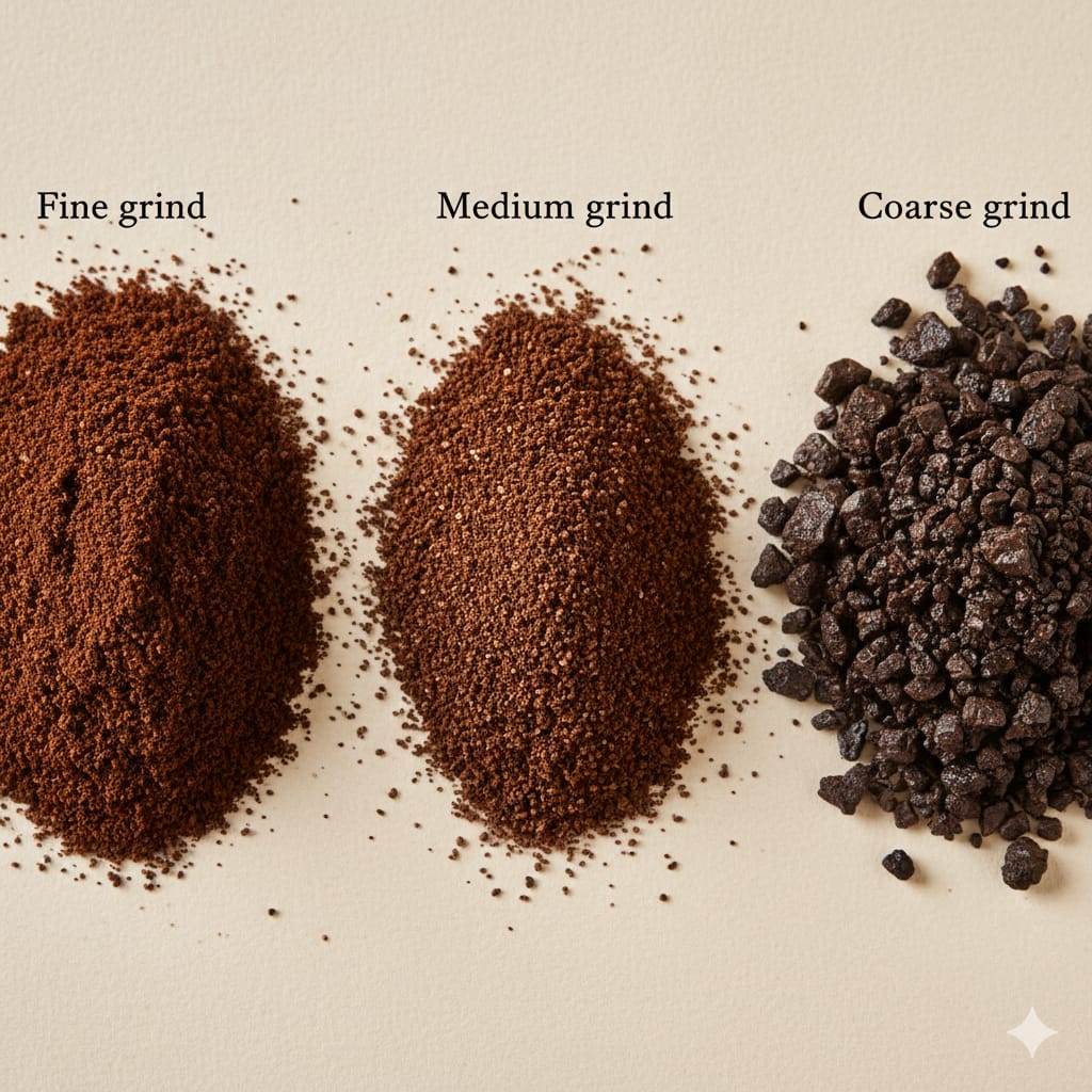 極細挽き（粉状）、中挽き（ザラメ状）、粗挽き（岩塩状）の粉の比較画像。