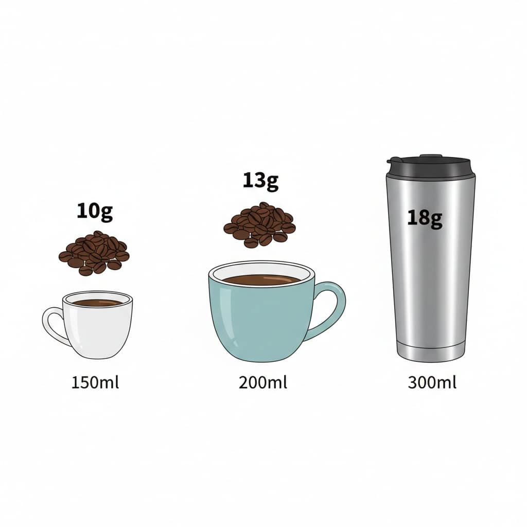 コーヒーカップ（10g）、マグカップ（13g）、タンブラー（18g）を並べ、それぞれの豆の量の違いがわかるイラスト。